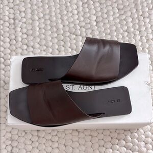 St. Agni Asymmetric Leather Sandals in Chocolate